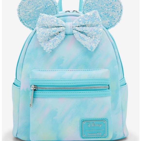 NEW Loungefly Disney Minnie Mouse blue Sequin Bow Mini Backpack and wallet set - Picture 5 of 12